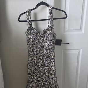 Smocked Floral Mini Dress in Black and Pink